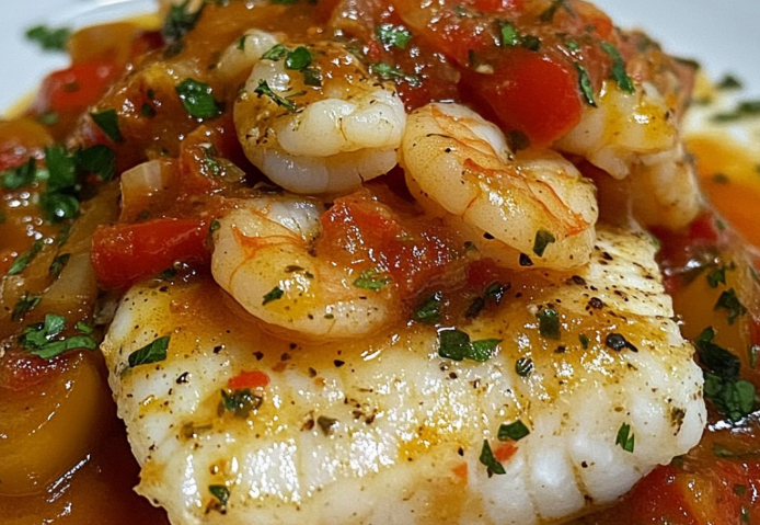 Bacalao con Salsa de Gambas y Pimientos del Piquillo