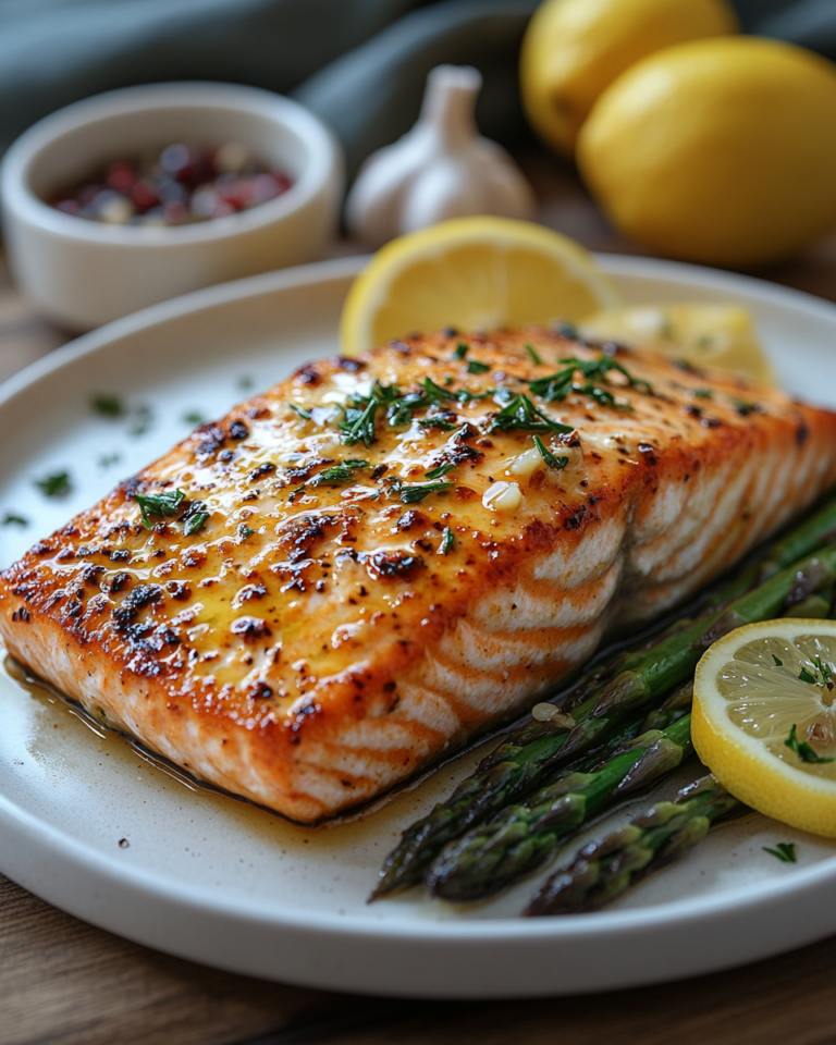 Sin Harina | Salmón al Horno con Espárragos y Salsa de Limón y Mantequilla de Ajo