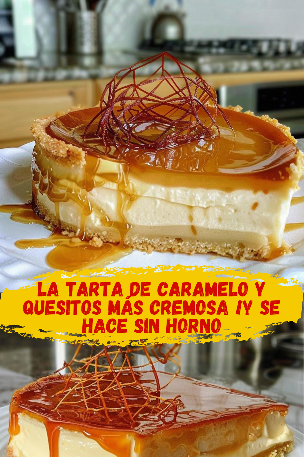 Rebanada de tarta de caramelo y quesitos con decoración