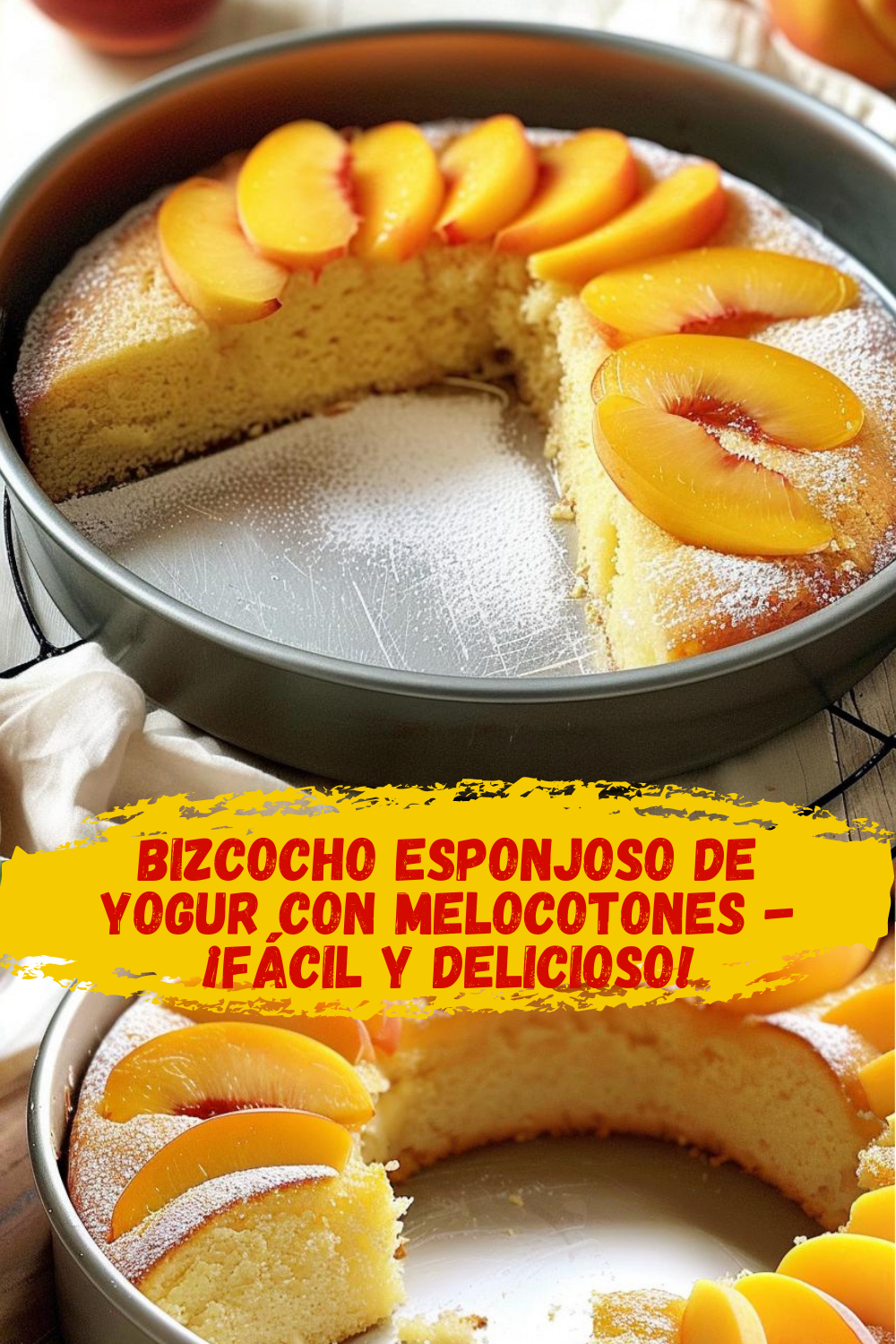Decoración de bizcocho esponjoso de yogur con mermelada de melocotón