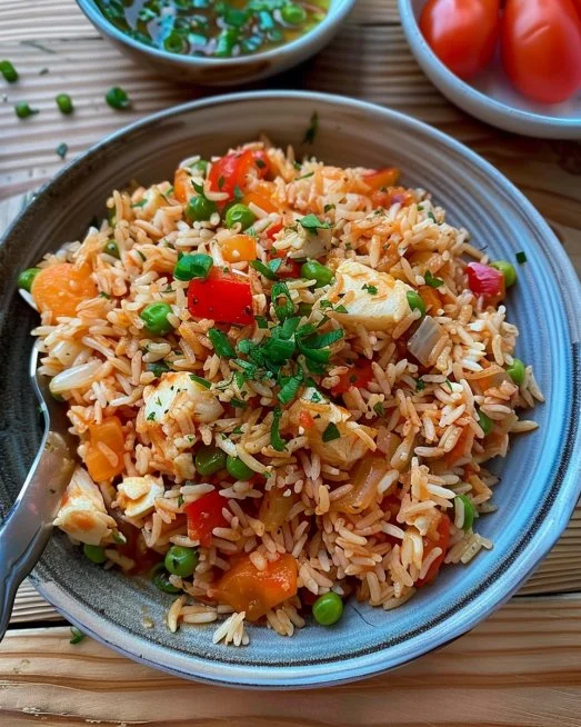 Plato de Arroz con Carne estilo Serbia, lleno de sabor y color.