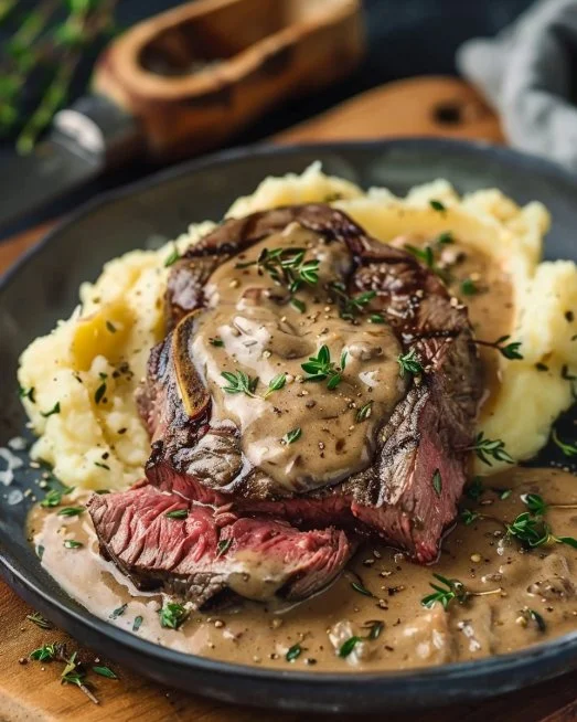 Bistec Jugoso con Salsa Cremosa y Puré en un plato appetitoso.