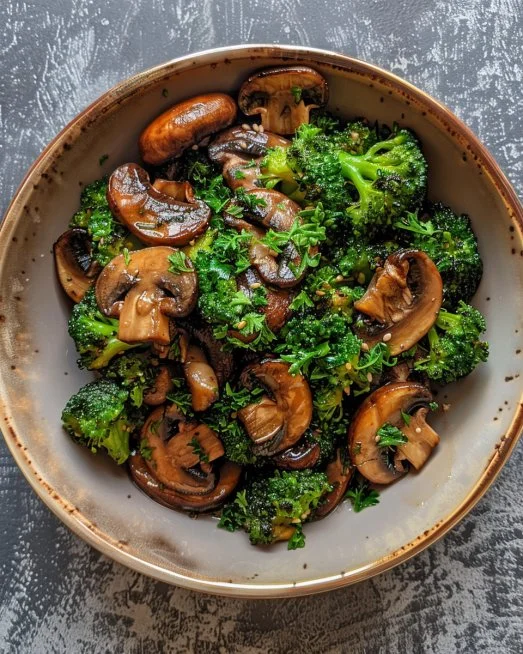 Champiñones salteados con brócoli en un plato colorido y saludable