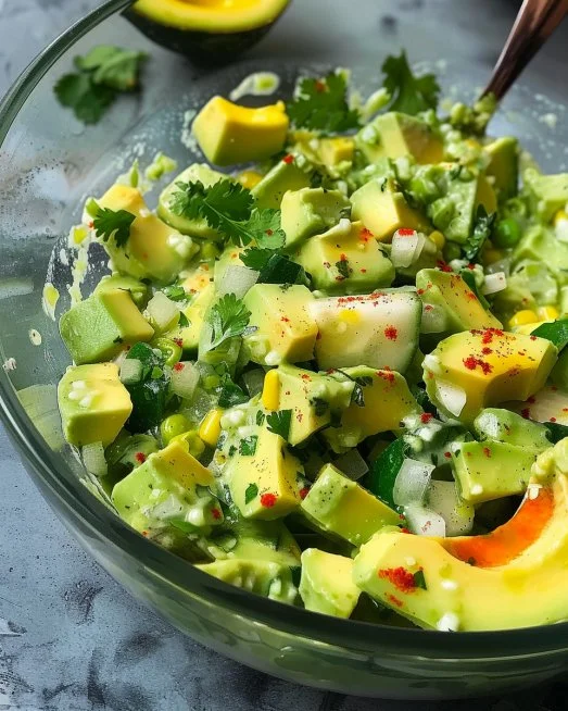 Ensalada de aguacate con aderezo de cilantro y lima en un plato colorido.