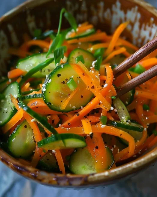 Ensalada de pepino y zanahoria fresca y colorida en un plato
