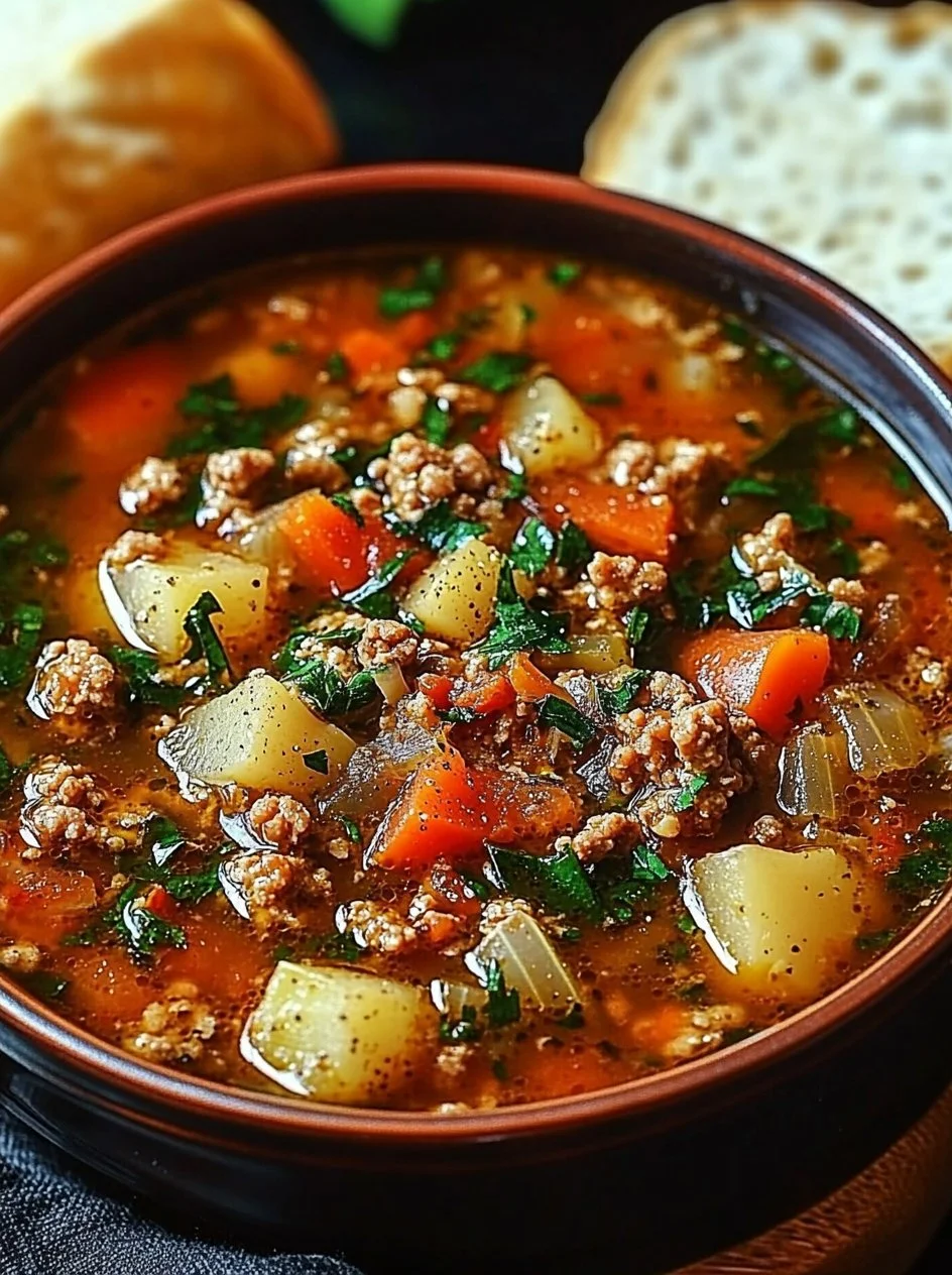 Hearty Italian soup with ground turkey and assorted vegetables in a bowl.