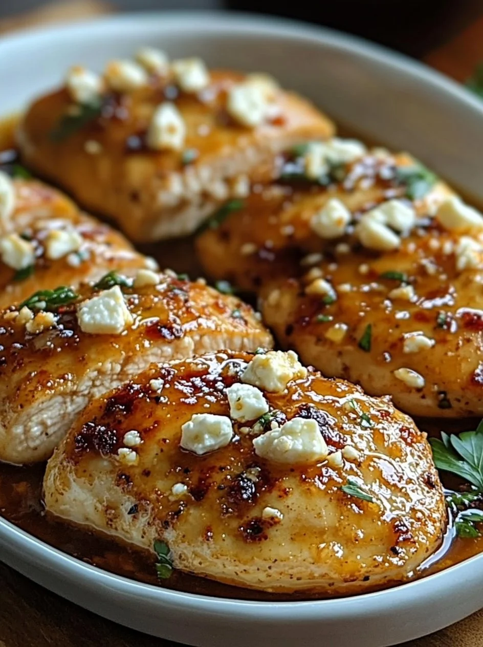 Hot Honey Feta Chicken with a drizzle of honey and crumbled feta cheese