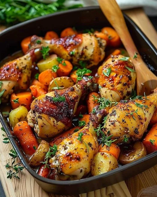 Muslos de pollo asados con hierbas, zanahorias y papas en un plato rústico.