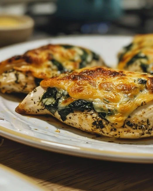 Pechugas rellenas de espinaca y queso servidas en un plato gourmet.