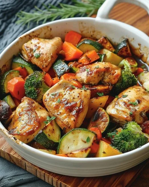 Pollo con verduras frescas y coloridas en un plato saludable