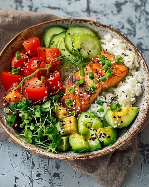 Tazón de salmón fresco y saludable con vegetales y arroz.