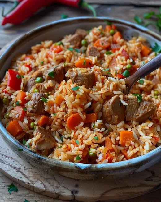 Plato de Arroz con Carne Serbio servido en un tazón