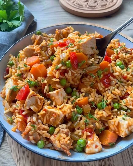 Plato de Arroz con Carne Serbio servido en un tazón