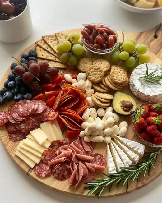 Vista de una tabla de charcutería preparada para una fiesta en 2025.
