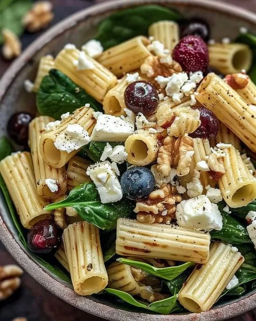 Ensalada de pasta con espinacas, queso feta y arándanos en un plato colorido