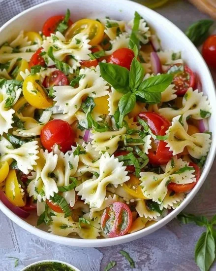 Ensalada de pasta moño colorida con verduras frescas y aliños vibrantes.