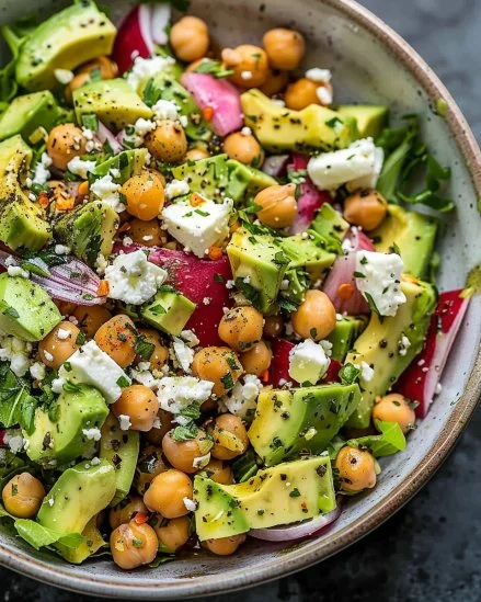 Ensalada fresca de garbanzos con feta y aguacate servido en un plato colorido