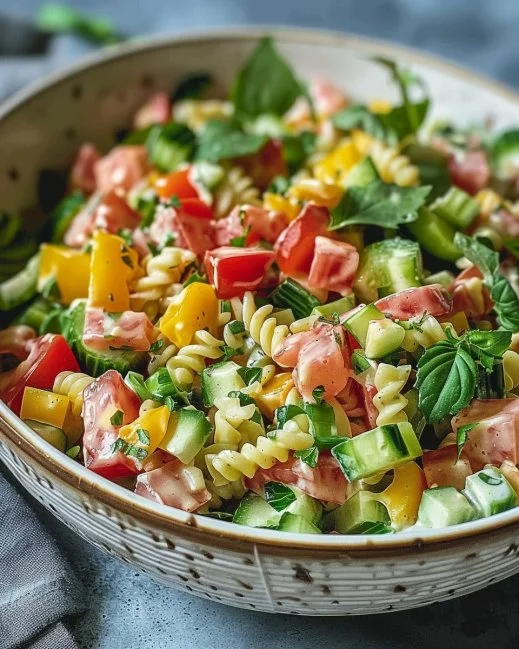 Ensalada fría de pasta con verduras frescas y aderezo ligero