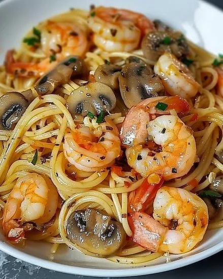 Plato de espaguetis con gambas y champiñones al ajillo, delicioso y fácil de preparar.