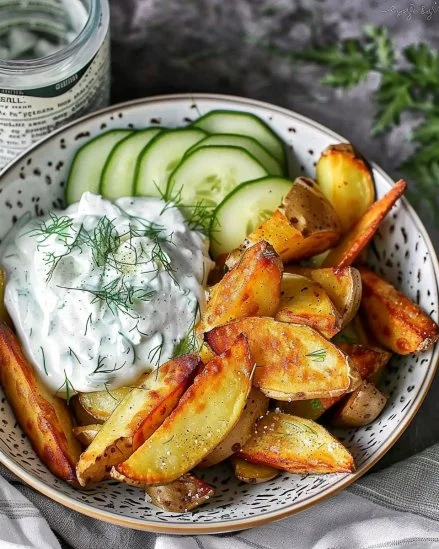 Gajos de Patata acompañados de Dip de Pepino saludable y fresco.