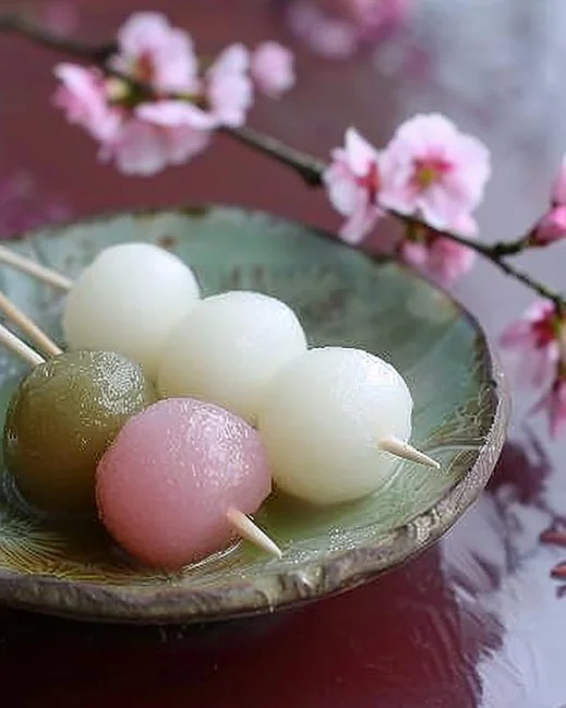 Dulce tradicional japonés Hanami Dango decorado en primavera