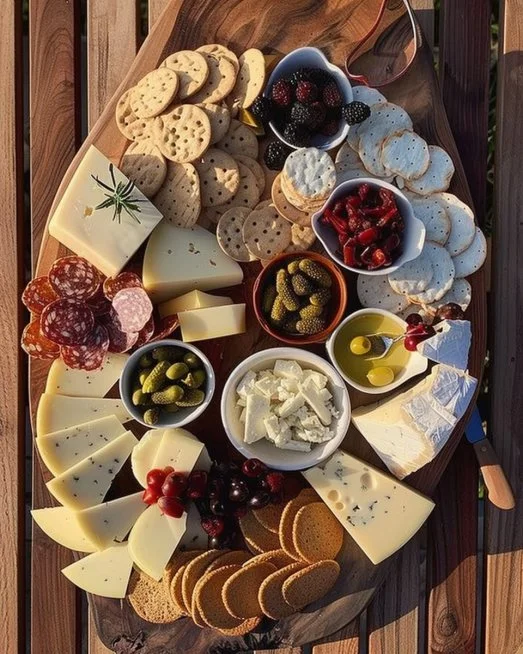 Tablero de charcutería decorado con quesos, embutidos y frutas frescas.