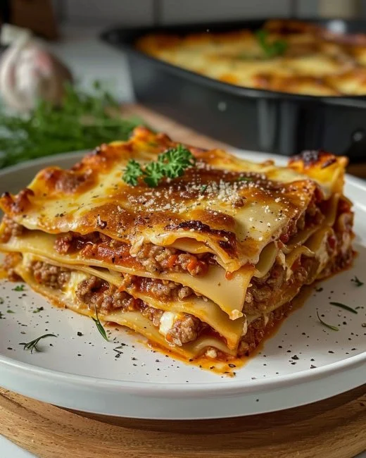 Lasaña de carne con ajo y parmesano en un plato