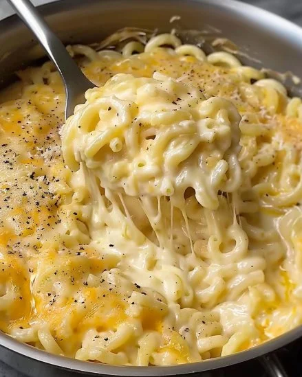 Plato de macarrones con queso cremosos, listo para disfrutar.