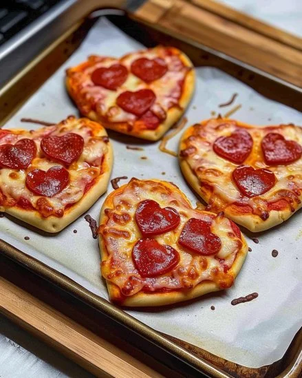 Mini pizzas en forma de corazón, ideales para ocasiones especiales y fiestas.