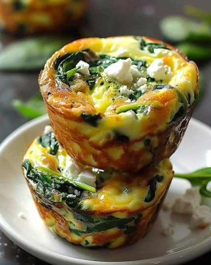 Muffins de Huevo con Espinacas y Feta frescos y apetitosos en un plato