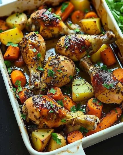 Muslos de pollo asados con hierbas, zanahorias y patatas en un plato rústico y jugoso