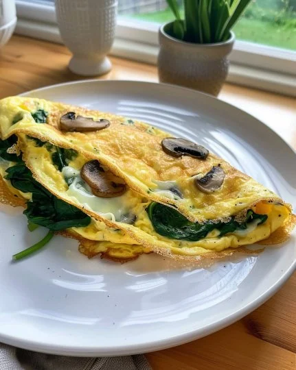Omelette keto de espinacas y champiñones con queso en un plato