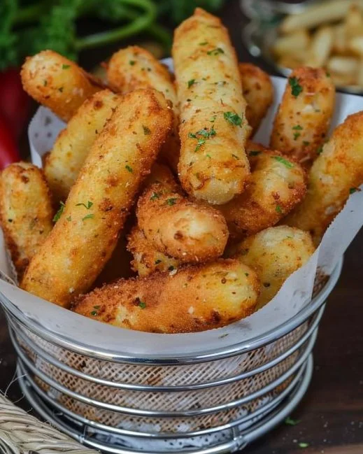 Palitos de patata y queso crujientes servidos en una bandeja