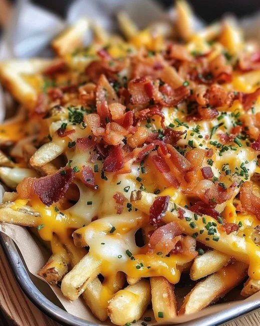 Papas fritas cubiertas de queso derretido y tocino crujiente