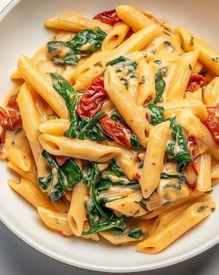 Plato de pasta de espinacas y tomate recién preparado.
