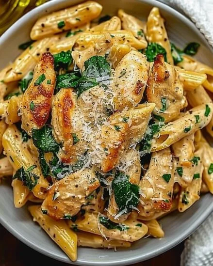 Plato de pasta de pollo con ajo y parmesano servido en un tazón