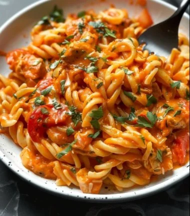 Pasta de Pollo con Salsa de Tomate Cremosa servida en un plato atractivo