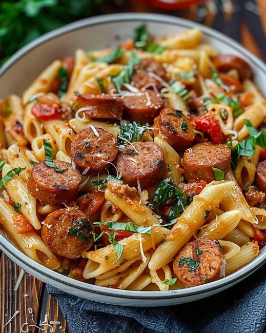 Plato de Pasta de Salchicha Cajún con especias y vegetales coloridos