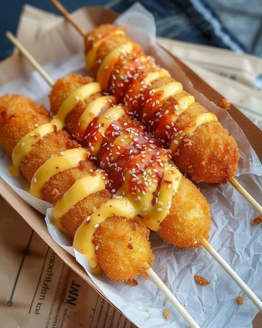 Perros calientes de maíz con queso, estilo callejero de Corea.