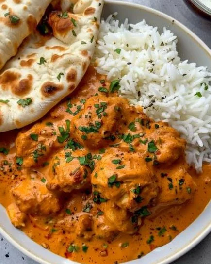 Plato de Pollo a la Mantequilla recién preparado, dorado y aromático