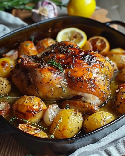 Plato de pollo asado clásico con limón y ajo, jugoso y lleno de sabor.