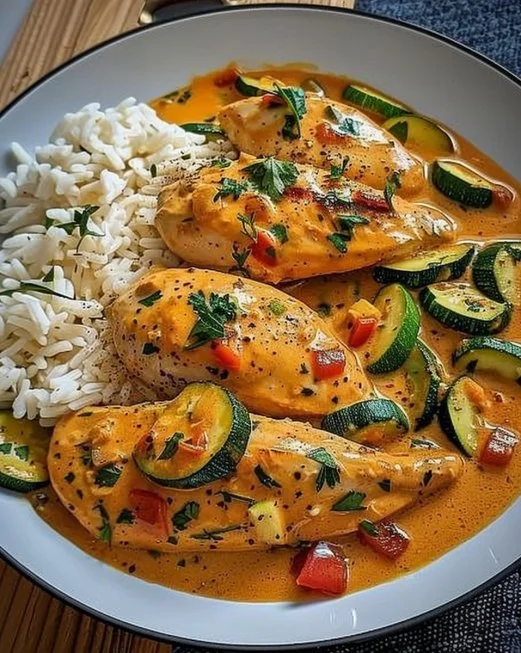 Plato de pollo con pimientos, calabacín y crema, ideal para una comida deliciosa