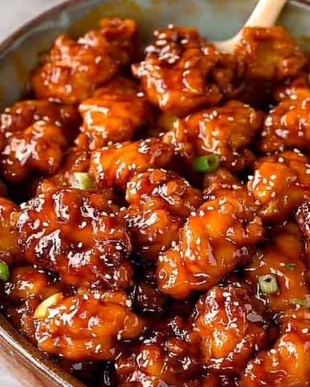 Delicioso Pollo Sésamo Crujiente en un plato con salsa y semillas de sésamo.