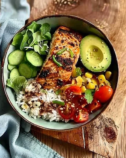 Tazón de salmón delicioso y saludable con ingredientes frescos y coloridos.