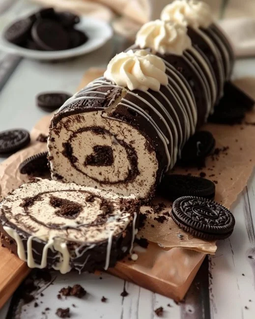 Rollo de Oreo decorado con trozos de galleta Oreo y chocolate.