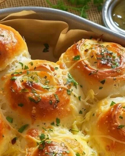 Rollos de ajo con mantequilla y queso recién horneados