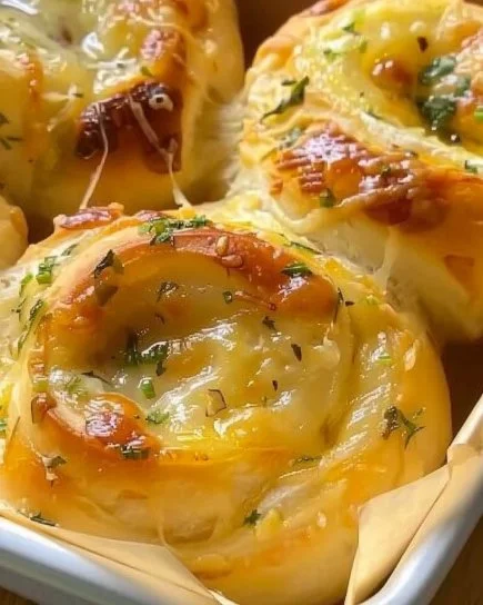 Rollos de queso y ajo recién horneados, perfectos como aperitivo.