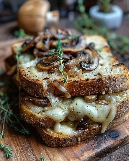 Sándwich de queso y champiñones recién preparado y delicioso