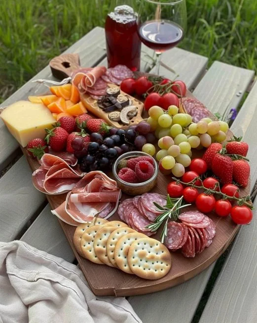 Tabla de charcutería con una variedad de embutidos y quesos gourmet.