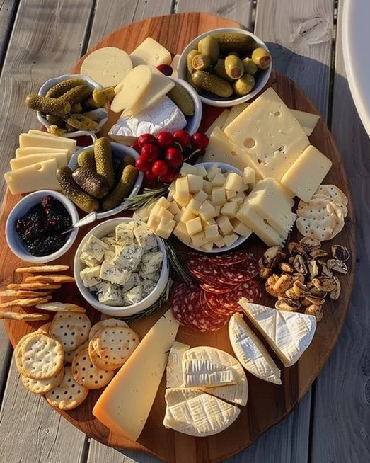 Tabla de quesos variados presentada de manera elegante y artística
